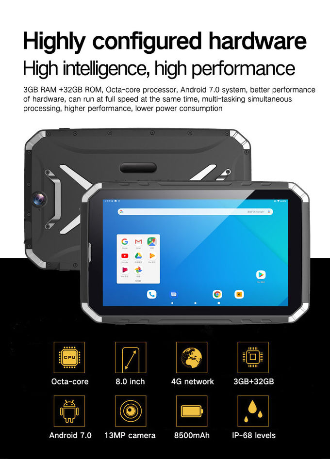 10.1 Inch IP68 Rugged Android Linux Tablet Waterproof Slim PCAP Touch Screen MIL-STD-810G 2.0GHz Qcta-Core GPS BDS RJ45 0
